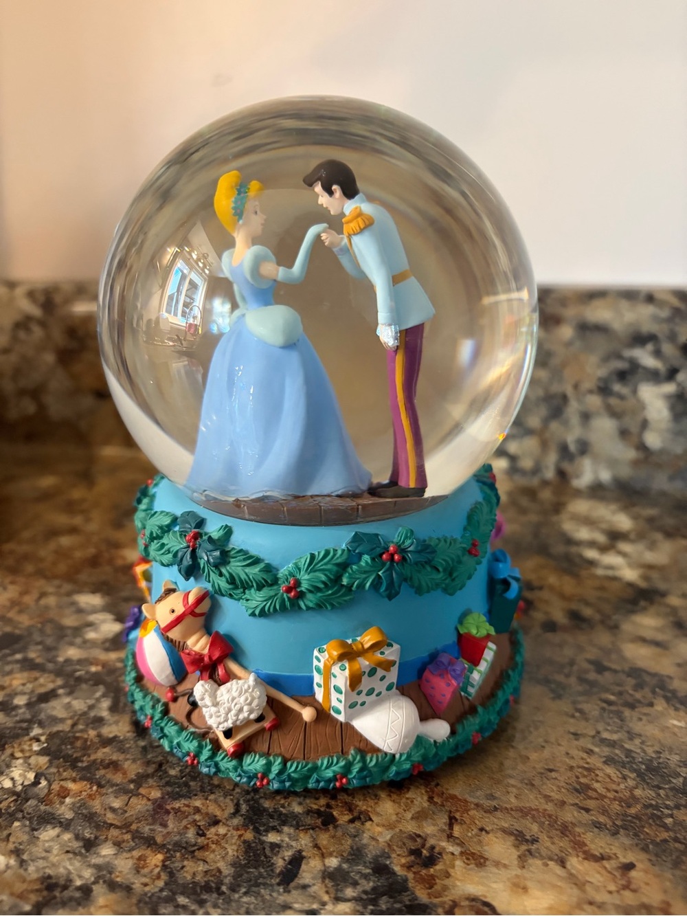 Cinderella & Prince Snow Globe with Holiday Base - Blue